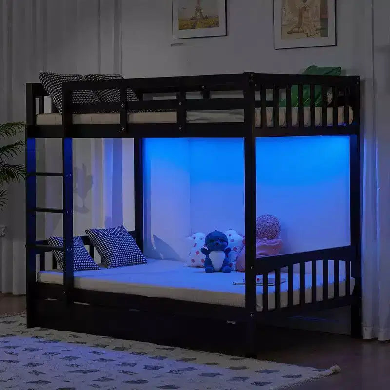 Black Solid Wood Twin Bunk Bed with Charging Station, RGB LED, 2 Drawers, Safety Guardrail and Ladders