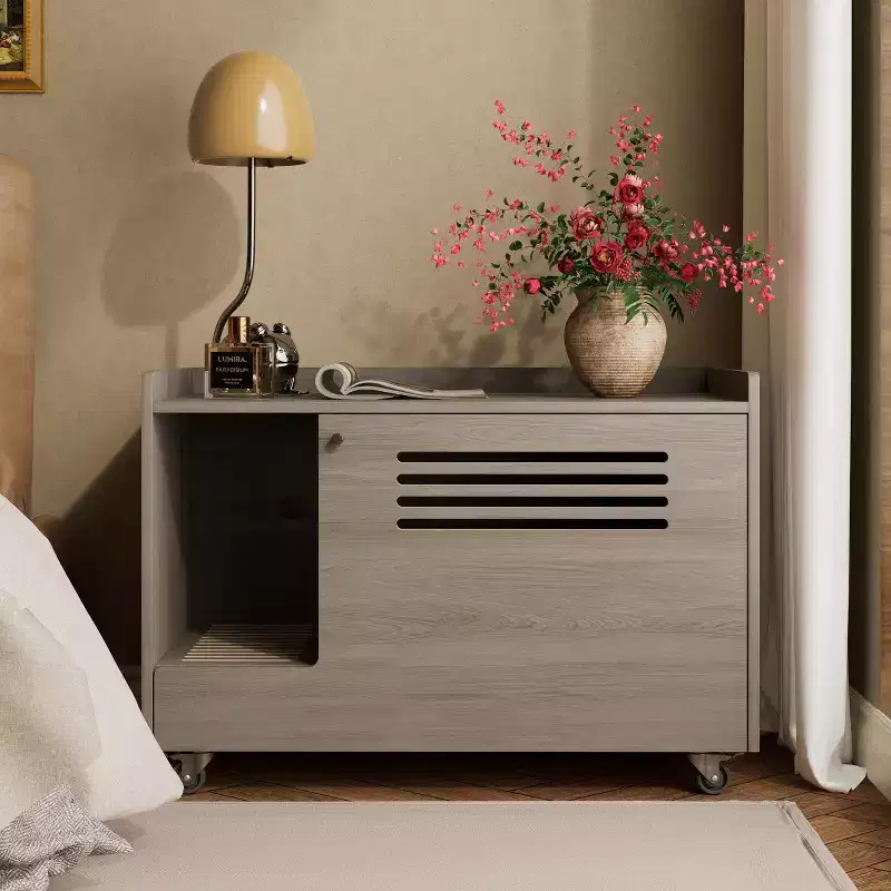 JVNOXK Gray Cat Litter Box Enclosure,Hidden Litter Box Furniture with top side fence,Wooden Pet House Side End Table, Fit Most of Litter Box