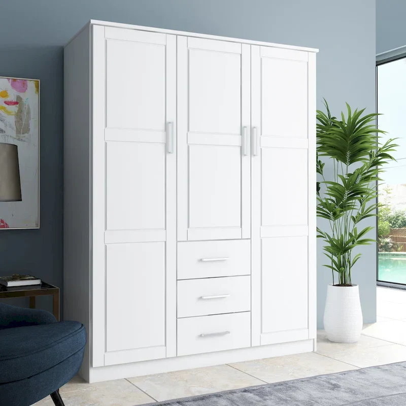 3-Door Solid Pine Wood Wardrobe Armoire, 72"H x 56"W, Mirrored or Panel Door, 3 Clothing Rods