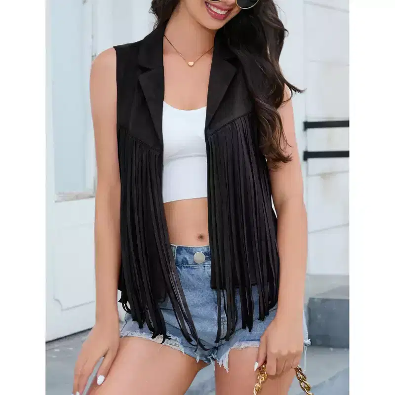 Coolmee Women's Semi-Formal Blazer Vests Open Front Solid Fringe Cardigan Vests Sleeveless Cropped Tassel Office Workplace Vests XL Black