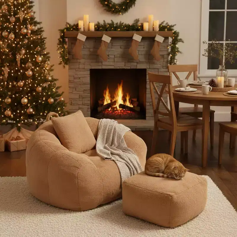 Homy Casa Faux Fur Bean Bag Accent Chair with Ottoman and Pillow, Khaki