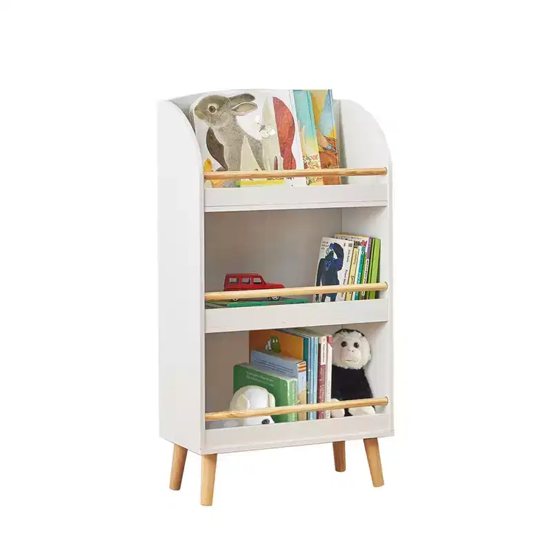 LuxenHome 37.4H Wooden Kids Bookshelf with Anti-Fall Bar, White bookshelf for kids, toy organizers and storage