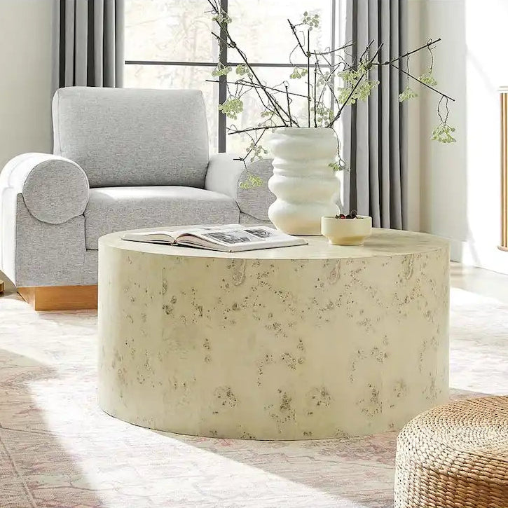 Round Burl Wood Coffee Table &ndash; Natural / Off White, Mid-Century Style