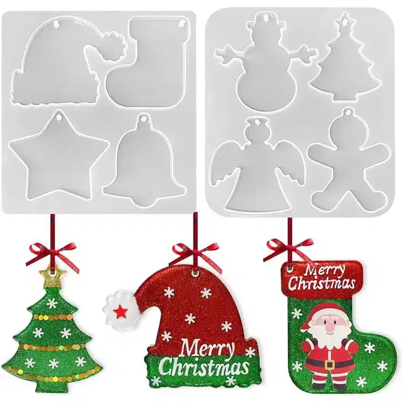JDICTION 2Pcs Holiday Silicone Resin Molds - Christmas Ornament Molds for Jingle Bells & Gingerbread Men Baubles