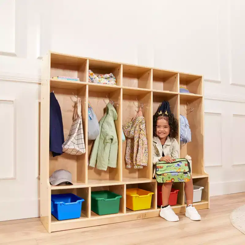 Assorted/Blue/Clear/Contemporary/Earthtone 5-Section Coat Locker with Bench & Scoop Bins, For 5 Kids