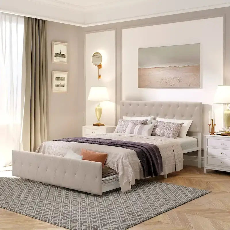 Linen Platform Bed &ndash; Gray / Beige, Metal Frame, 1 Large Pull-Out Drawer, Full / Queen, Sleeps 1