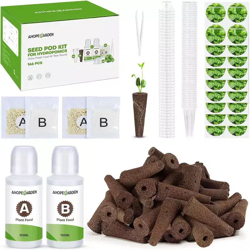 Ahopegarden 166PCS Hydroponic Pods Herb Kit: Grow Anything Kit With 600ml A&B Plant Food, 40 Grow Sponges, 40 Baskets, 40 Domes, 40 Labels, 1 Tweezer.