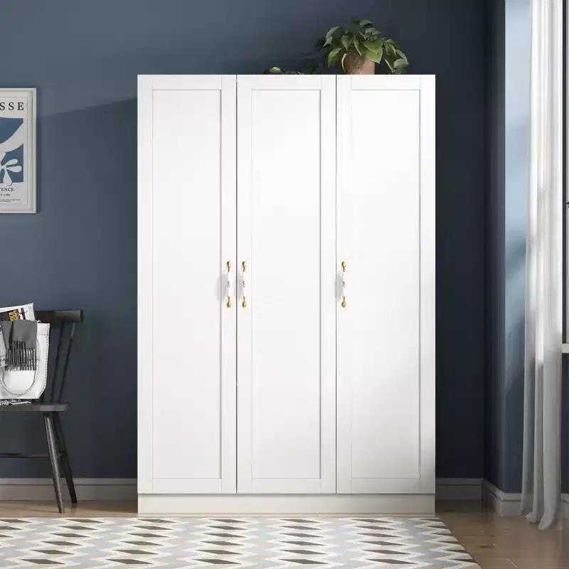 White 3-Door Wardrobe with Floral Ceramic Handles &ndash; Hanging & Storage Zones
