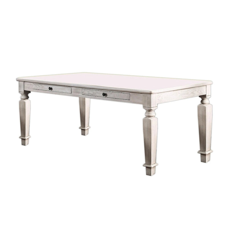 Distressed White Solid Wood Dining Table with 2 Drawers and Tapered Legs for 4&ndash;6 Person