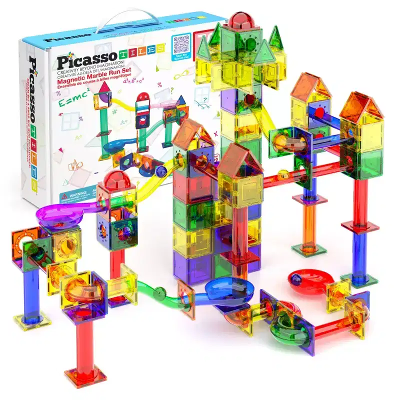 PICASSO-TILES Marble Run Magnetic Tiles for Kids  71PCS STEM Building Blocks Set, Educational Construction Toy, Creative Race Track Learning Kit