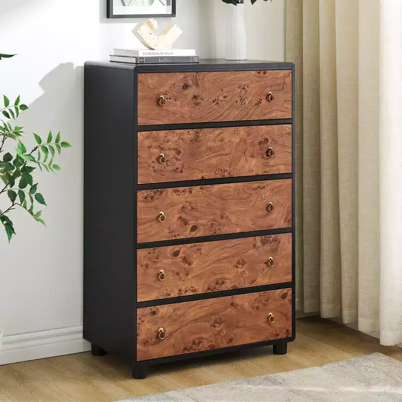 COZONY 5-Drawer Dresser with Curved Profile, 46 in Tall Modern Chest with Natural Oak Texture