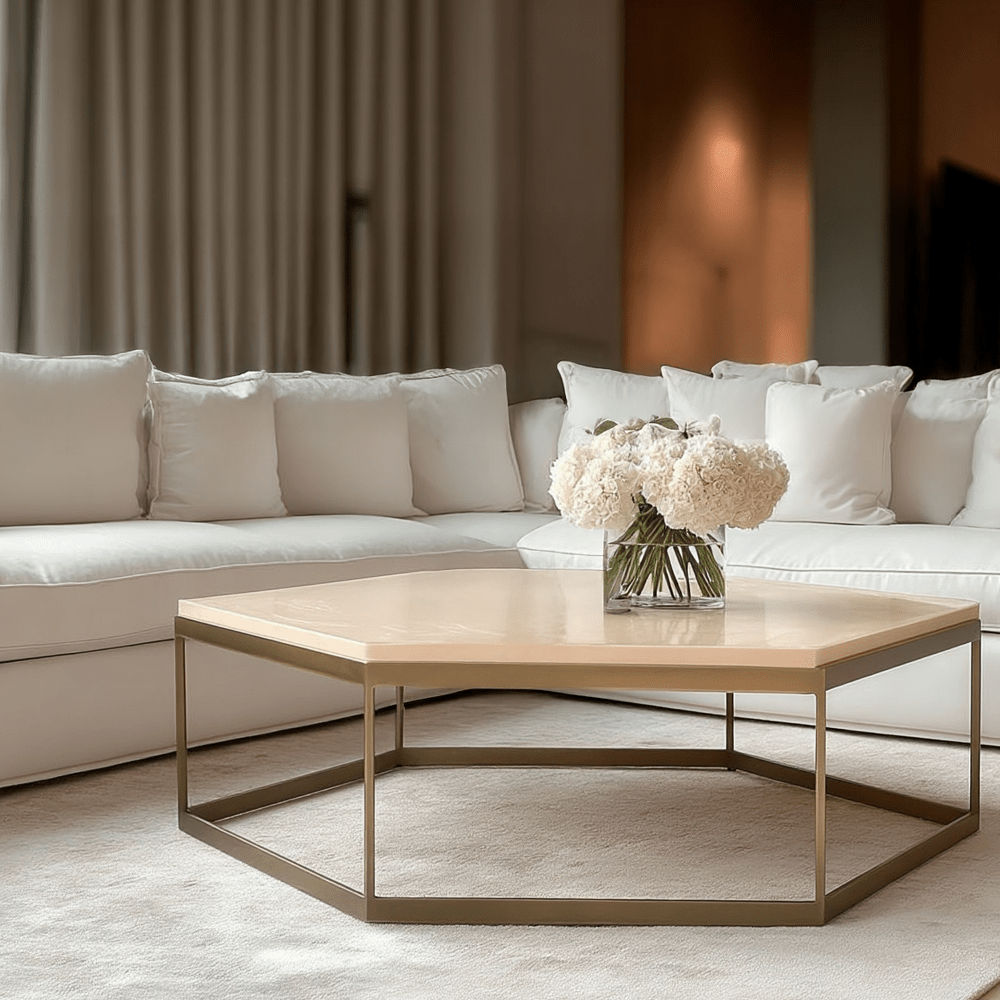 Brass & Oak Hexagonal Coffee Table