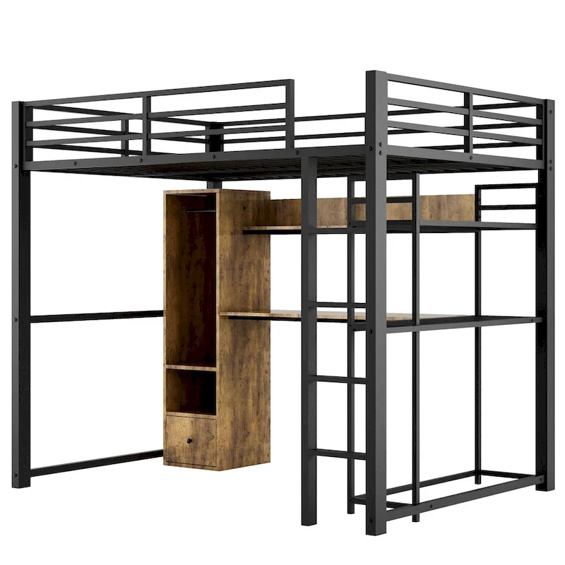 Black Full Size Metal Loft Bed with Wardrobe, Drawer, Desk and Shelves
