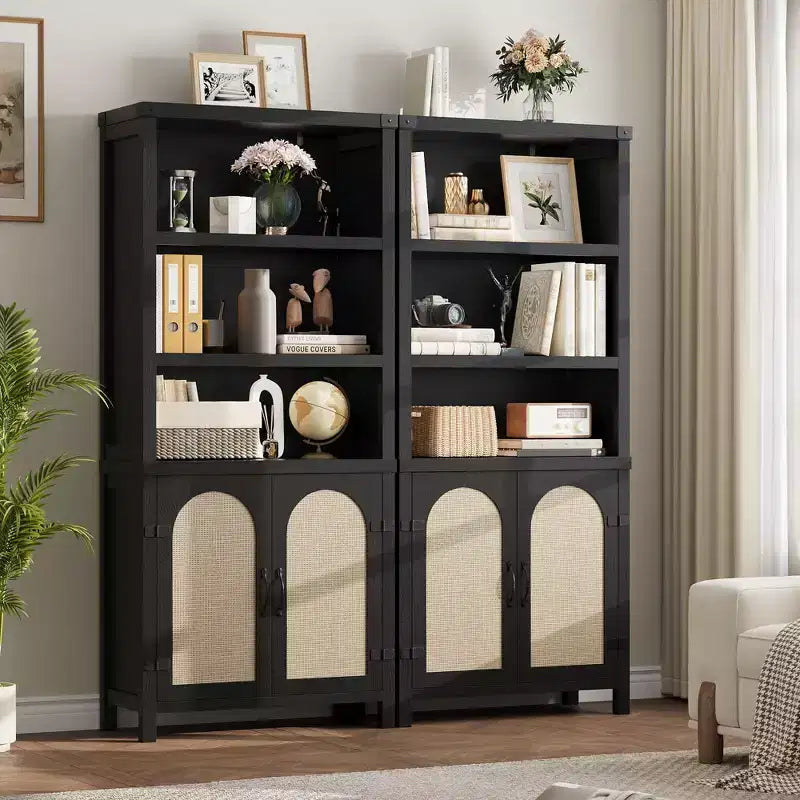 Farmhouse Bookshelves and Bookshelves with Door, 70 High Bookshelves with Three Levels of Open Storage, for Home, Office, Living Room, 2pcs, Black