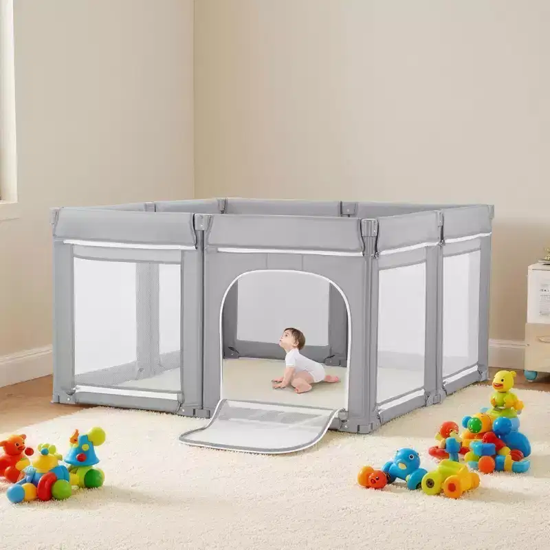 Extra Large Baby Playpen 78.7"x70.1", Foldable Play Yard with Zippered Door & Breathable Mesh, Gray
