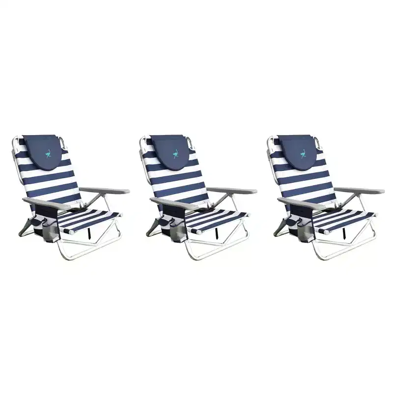 Ostrich On-Your-Back Portable Lightweight Sand Beach 6 Off-The-Ground Lounge Chair with 5 Adjustable Positions, Blue and White (3 Pack)