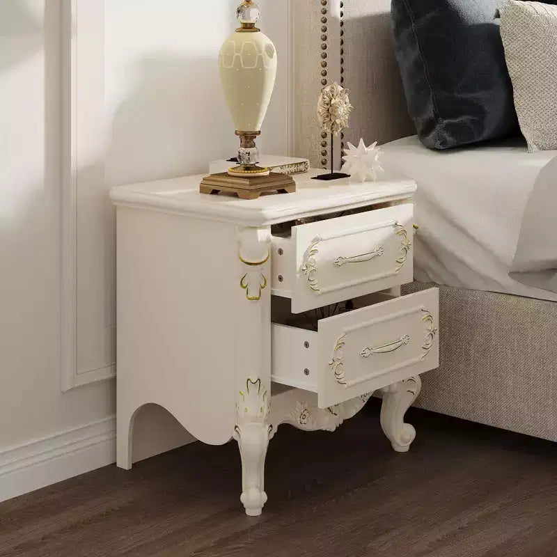 Vintage Luxury Nightstand with Gold-Accented Carvings and Double Drawers, 55 LBS Top Capacity