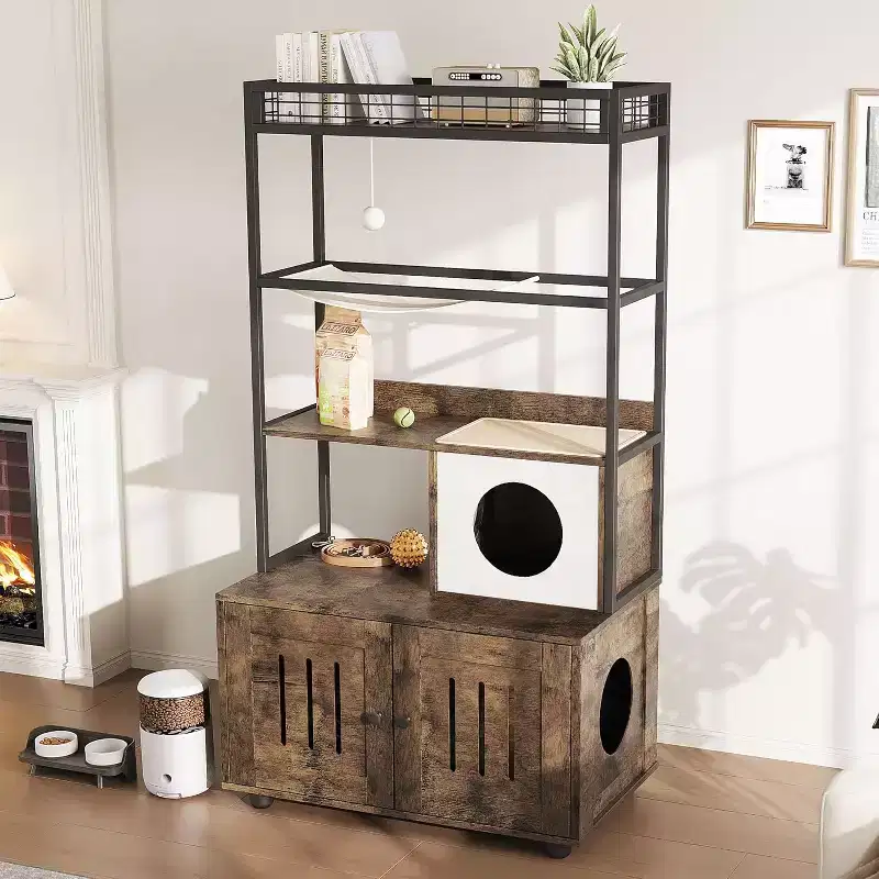 Cat Litter Box Enclosures with Storage Rack, Enclosed Litter Box Furniture, Hammock, Sisal Balls and Cat Scratching Mat