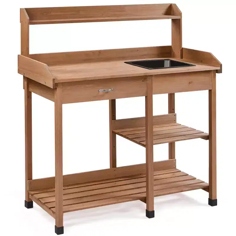 Yaheetech Solid Outdoor Wood Potting Bench Garden Work Bench Station w/Sink Drawer Rack Shelves
