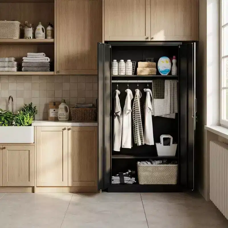 Metal Storage Wardrobe with 2 Shelves & Clothing Rod - 0.6mm Cold Rolled Steel, Bedroom Closet Cabinet