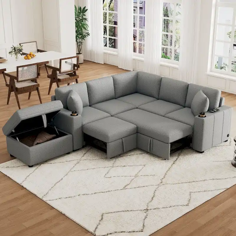 Beige/Grey L-Shaped Sectional Sofa with Pull-Out Bed & Storage Ottoman