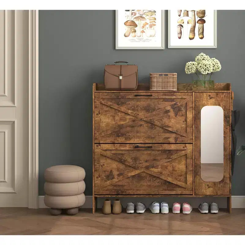 Shoe cabinet with 2 flip-top drawers, freestanding storage unit with metal legs, suitable for entryways, narrow shoe rack, country brown color