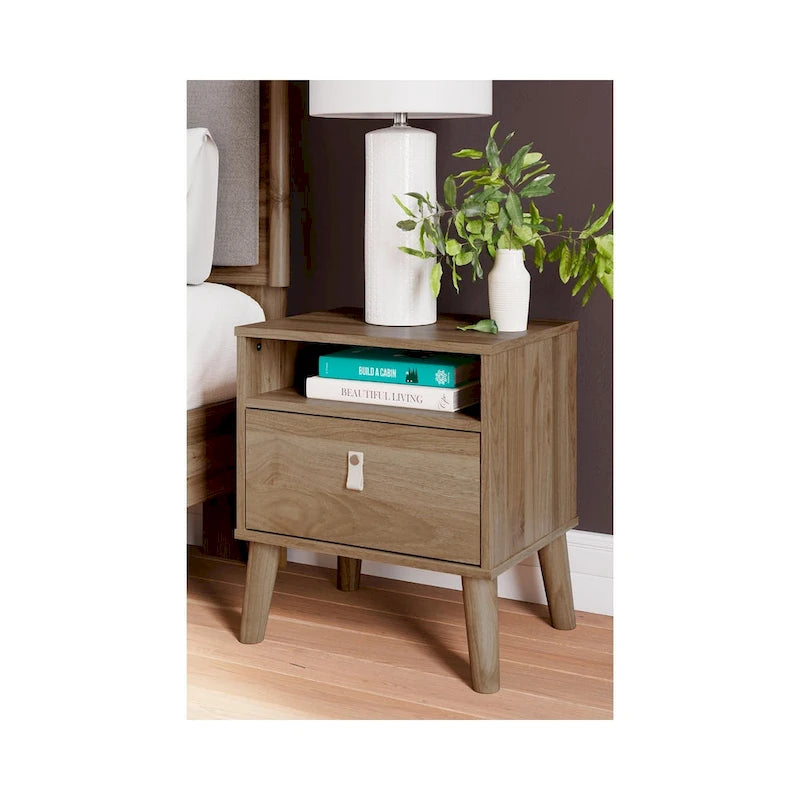Nightstand &ndash; Honey / White, Replicated Wood Grain, Faux Leather Drawer Pull, Splay Legs, Contemporary Style