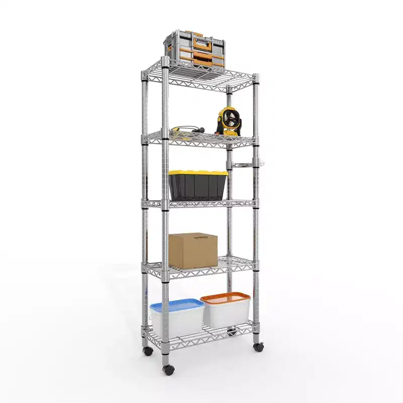 Acekool 5 Tier Metal Storage Shelves with Wheels, 1100 LBS Adjustable Wire Shelving Rack with Side Handle and Locking Wheels, Silver