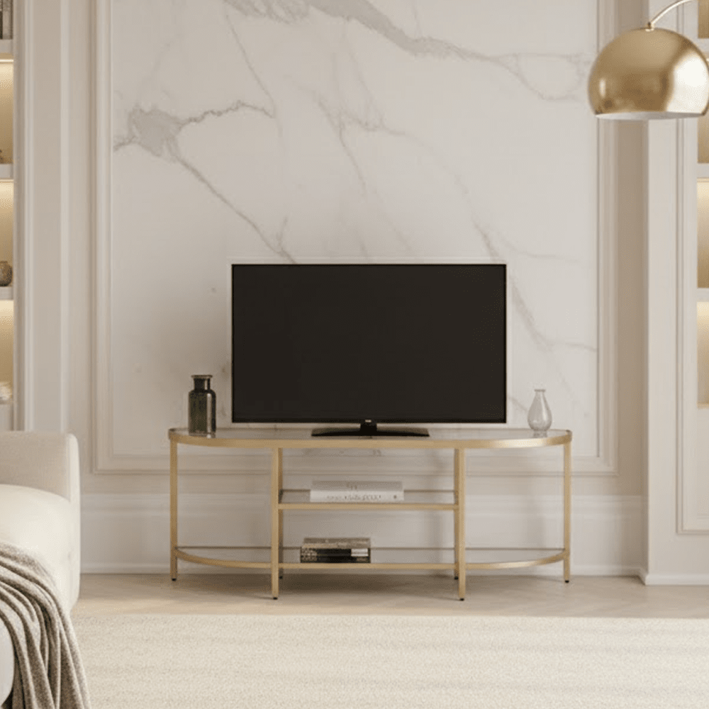 Champagne Metal TV Unit with Glass Shelves