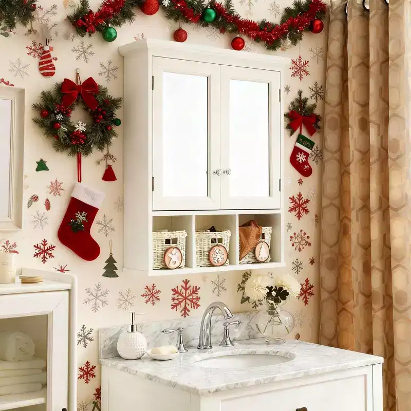White Wood Bathroom Storage Cabinet with Mirror and Christmas Style Baskets, 2 Doors 2 Adjustable Shelves