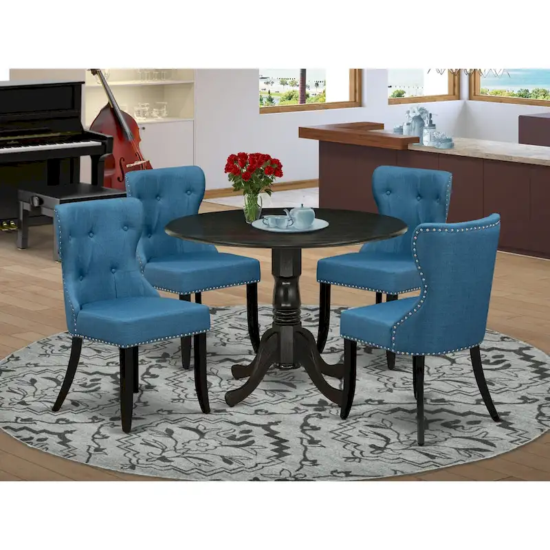 Kitchen Table Set- a Round Dining Table and Blue Linen Fabric Chairs, Wire brushed Black (Pieces Option)