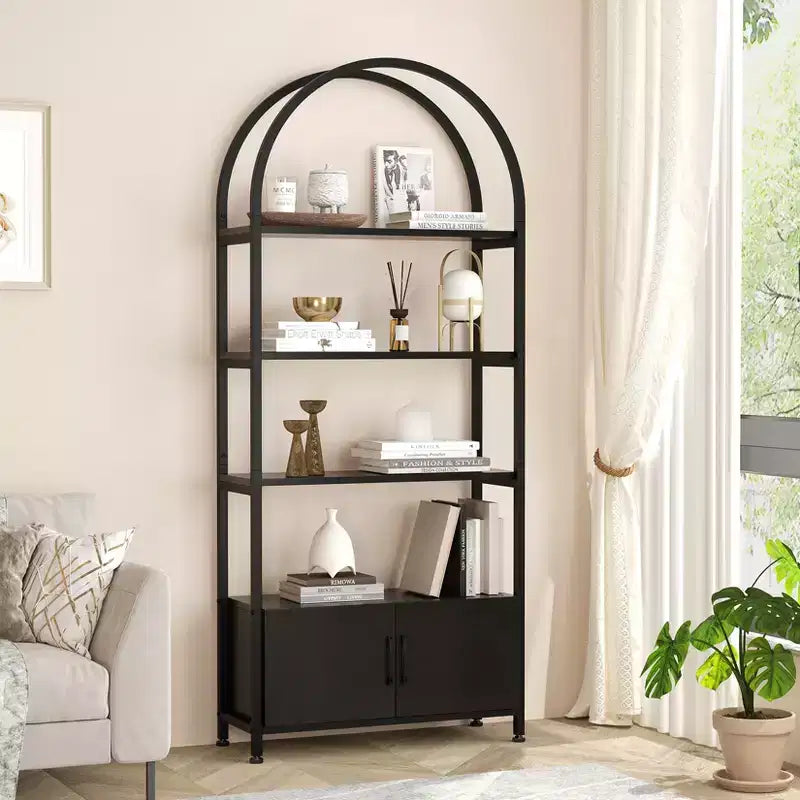 4-Tier Arched Bookshelf with Doors Storage Rack, 71.5 Inch High Industrial Bookshelf with Metal Frame, Open Curved Bookcase, Display Rack