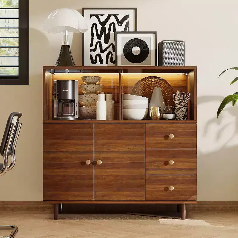 Vintage Style Side Storage Cabinet Buffet Accent Cabinet with LED Lighting and Acrylic Sliders for Display and Organization