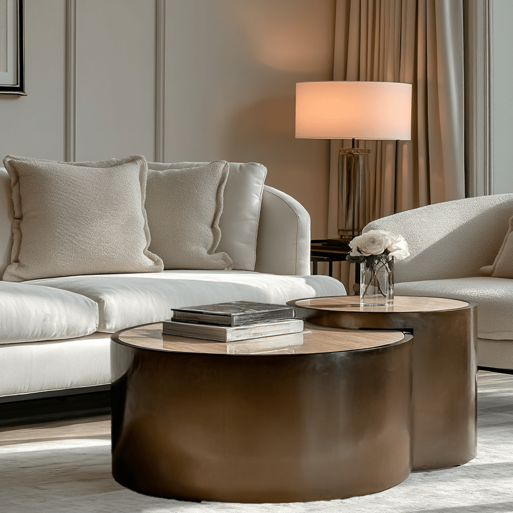 Bronze Nested Coffee Tables with Faux Travertine Top