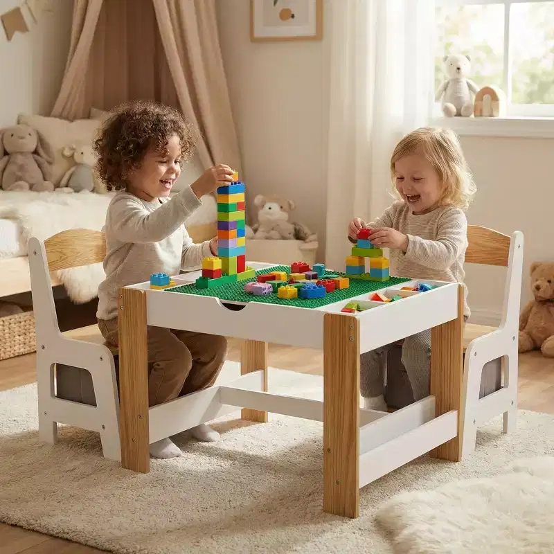 JVNOXK-Kids 2 in1Play Table Chair Set, LEGO-Compatible Drawing Table with7 Storage Compartments, Includes 2 Chairs,Multifunctional Learning Desk-White