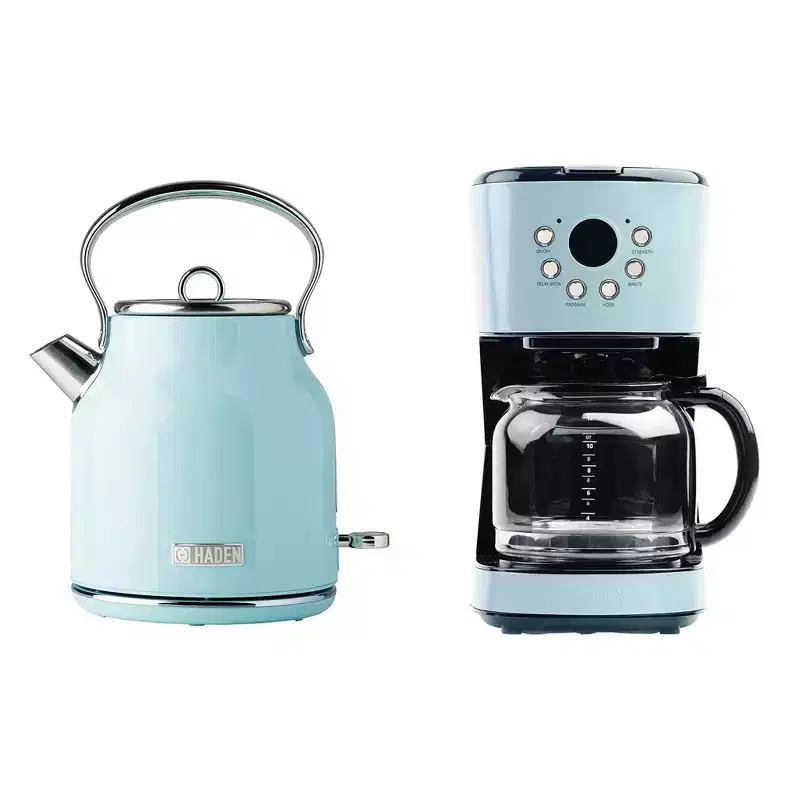 Haden Coffee Machine, 12 Cup Drip Coffee Maker Bundled with Heritage 1.7 Liter Stainless Steel Electric Kettle, Turquoise & Chrome