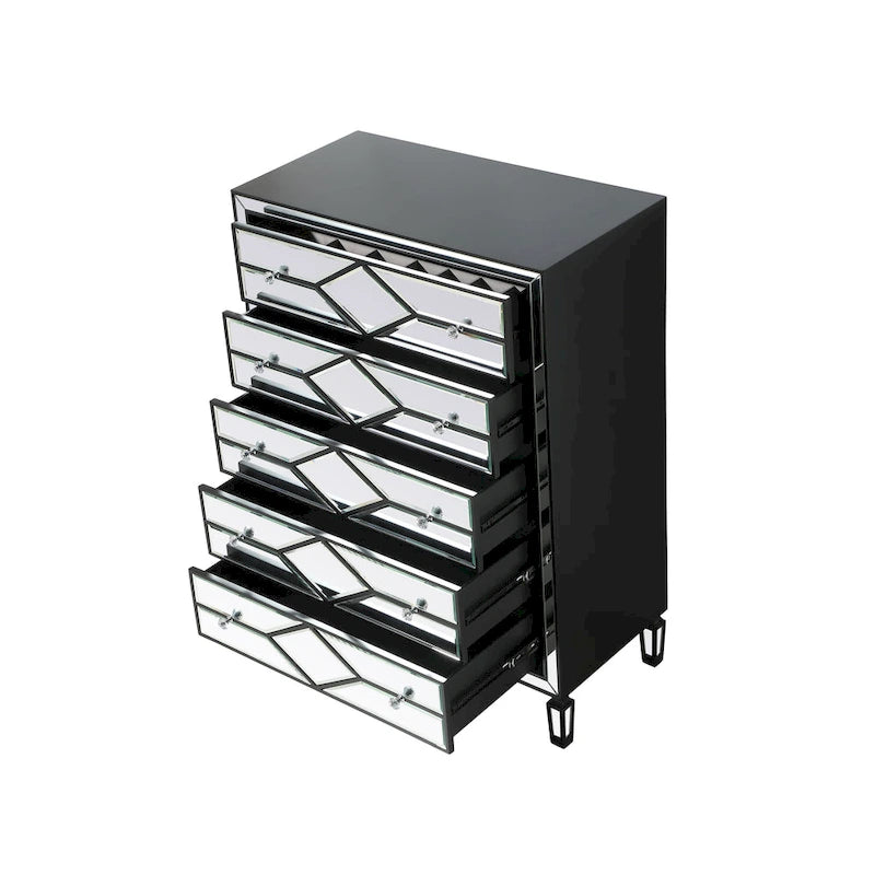 5-Drawer Chest &ndash; Antique White / Silver, Beveled Mirror Panels, Crystal Knobs, Hand-Painted Finish