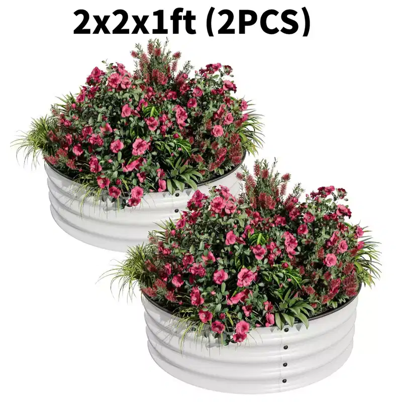 GustoWave 2 PCs 2x2x1FT Round Galvanized Steel Raised Garden Bed Kit for Vegetables, Flowers & Fruits, White