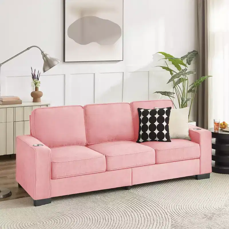 TUYOHW 83.86 Inch Modern Snowfleece Couch,3-Seater Sofa with 2 Cup Holders for Living Room,Bedroom,Office,Apartment