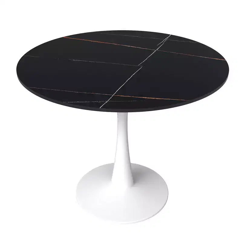 LeisureMod Bristol 31 Round Dining Table  Sintered Stone Top Accent Caf Table & Sturdy Steel White Pedestal Base for Kitchen and Small Spaces
