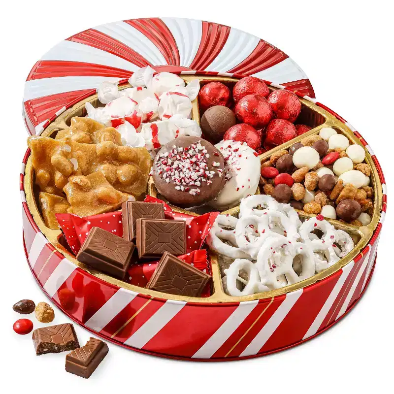 Christmas Gift Basket  Holiday Treat Assortment Box with Chocolates, Nuts & Caramels