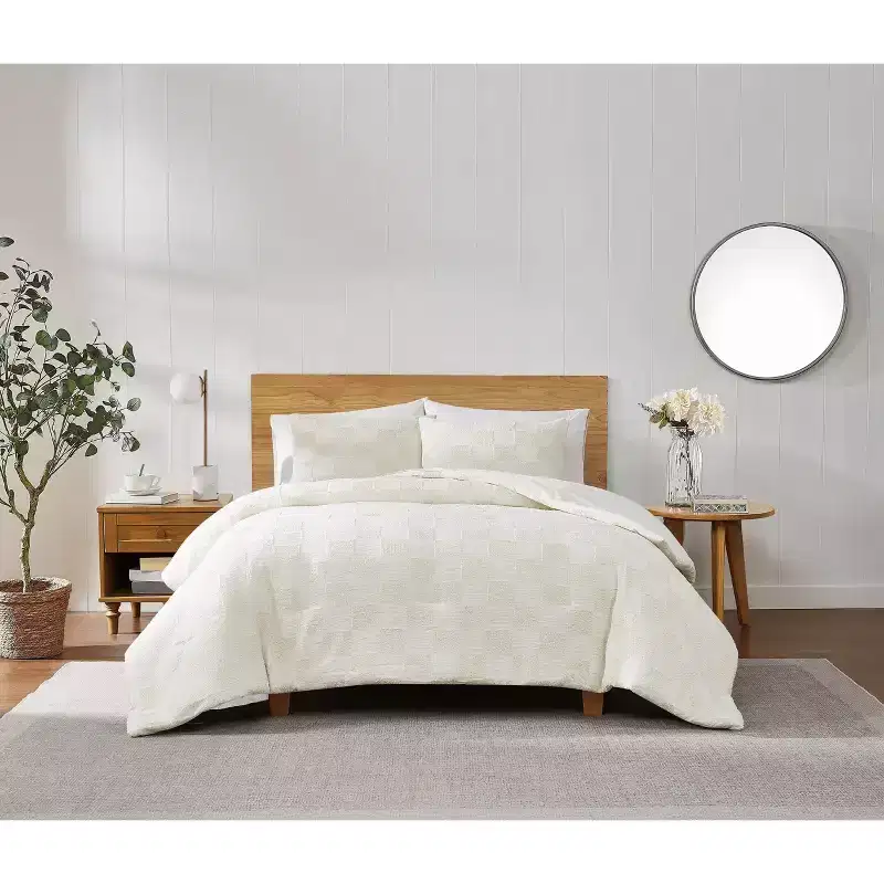 Truly Soft King Textured Checkered Duvet Covers 3pc Set Cream