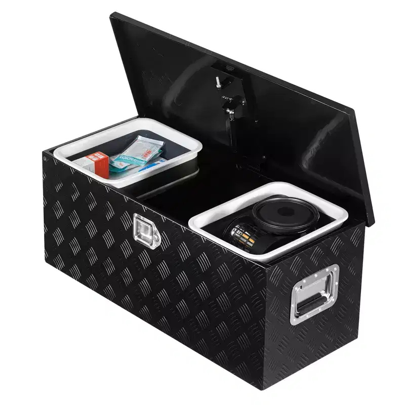 VEVOR Heavy Duty Aluminum Truck Bed Tool Box, Stripes Plated Tool Box with Sliding Shelf, Side Handle, Lock & Keys, Storage Toolbox Chest, Black