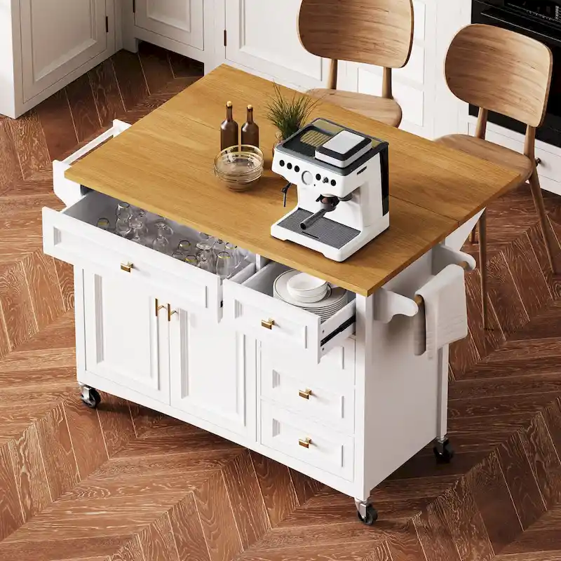 White Retro Kitchen Island with Drop Leaf, 2-Drawer & Cabinet Storage