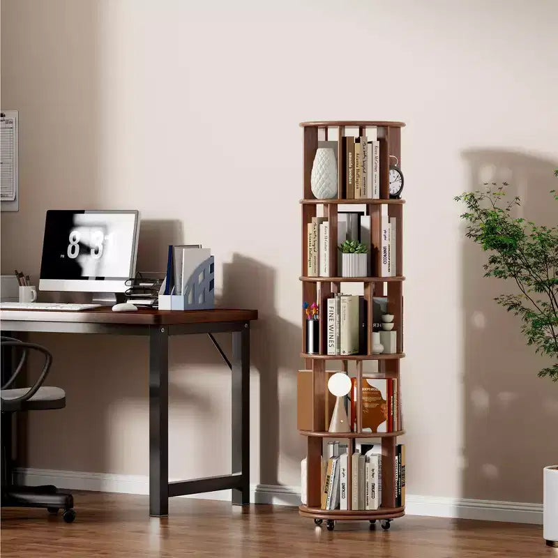 360&deg; Rotating Bookshelf with Wheels, 5-Tier Solid Wood Narrow Bookcase, Display Case, Walnut