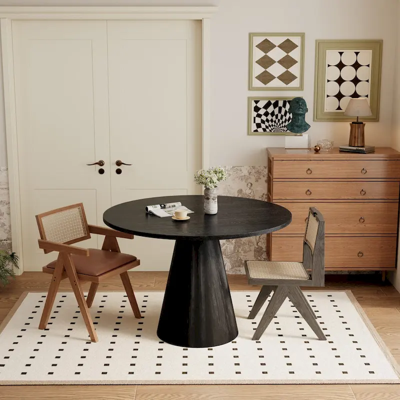 Round Pedestal Dining Table with Frustum Base White Black Modern Retro