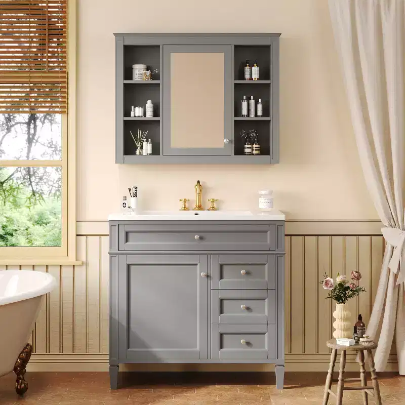 CASAINC 36'' Bathroom Vanity with Top Sink, Mirror Cabinet, 2 Drawers & 6 Open Shelves
