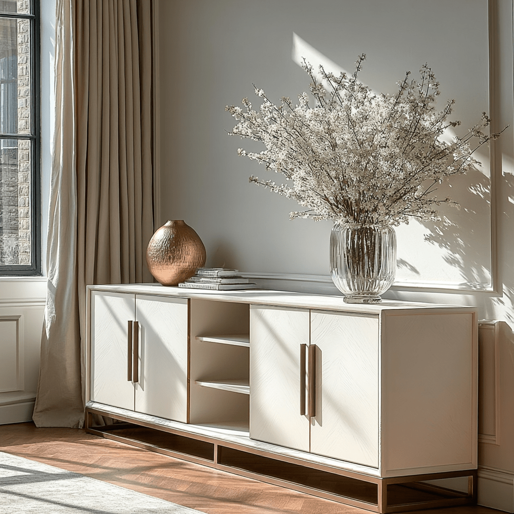 Cream Oak Veneer 4 Door Sideboard with Brass Detailing