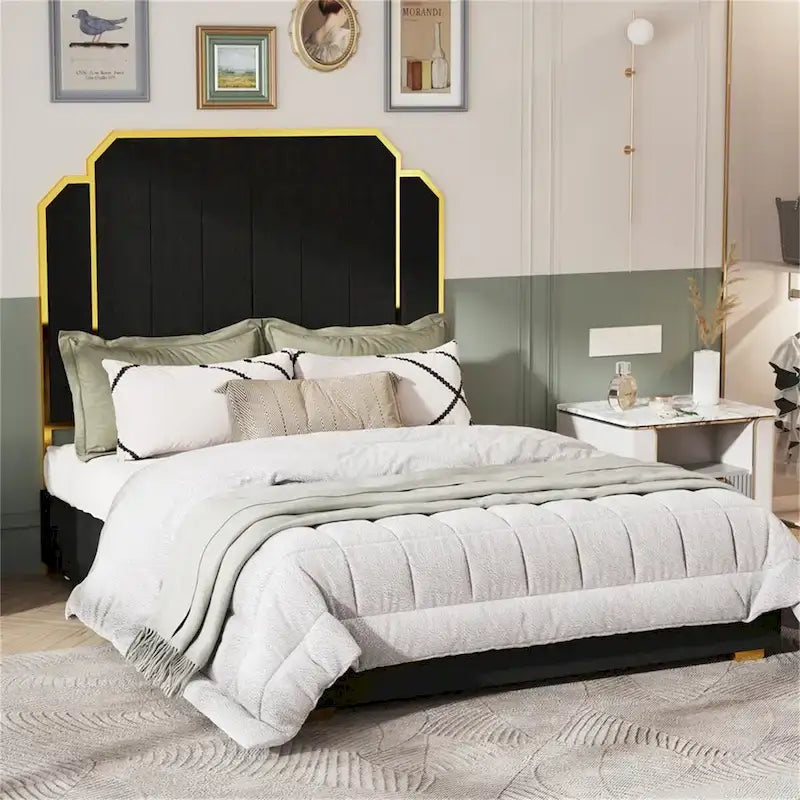 Queen Velvet Platform Bed &ndash; Gold + Creamy White / Black / Blue, Channel Headboard, 4 Storage Drawers, Sleeps 1