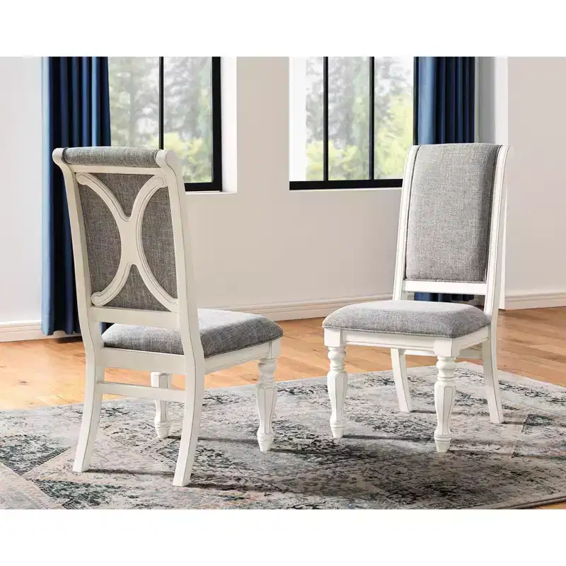 Roundhill Furniture Belleza Solid Wood Upholstered Dining Chairs, Antique White, Set of 2